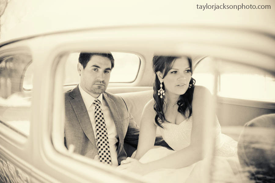 Bride and groom in a hotrod wedding day