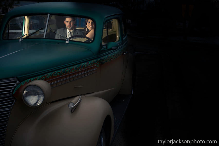 bride and groom off camera flash classic car